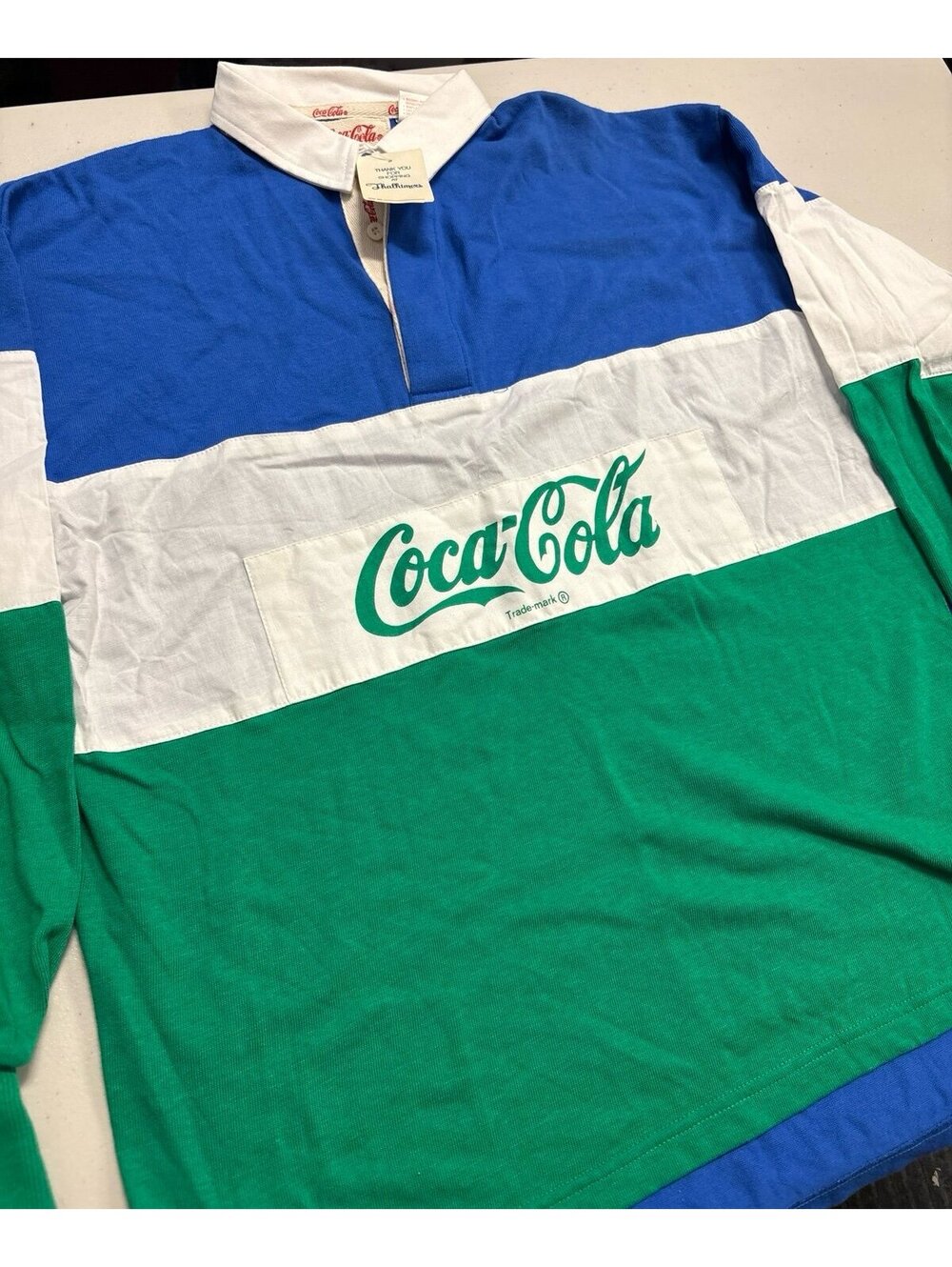 Vintage 1986 Coca-Cola Rugby Polo Shirt Sz L Blue Green Colorblock Long Sleeve